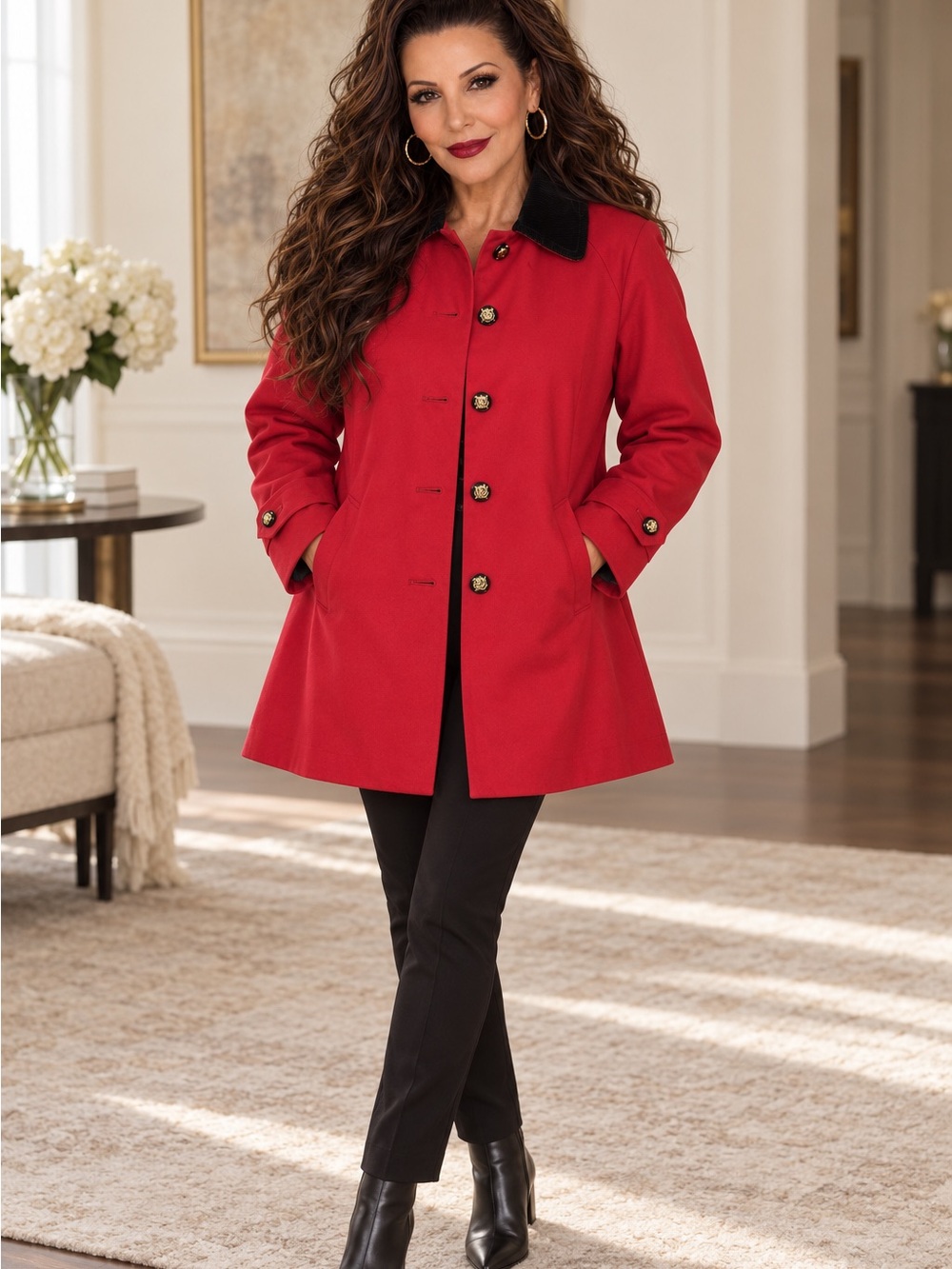 Lauren Ralph Lauren Red A-Line Pea Coat with Contrasting Black Collar